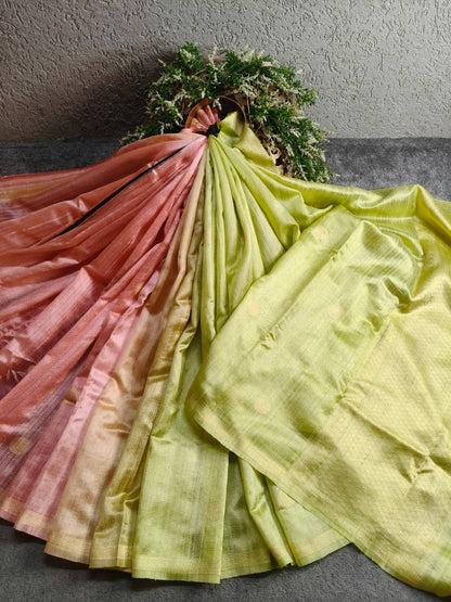 LIME GREEN PEACH SHADED DUPION SILK PURE HANDLOOM BANARASI SAREE