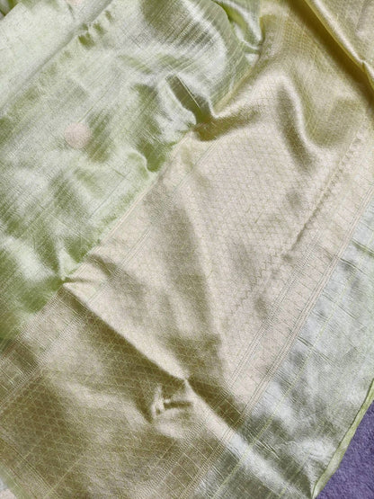 LIME GREEN PEACH SHADED DUPION SILK PURE HANDLOOM BANARASI SAREE