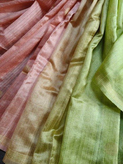 LIME GREEN PEACH SHADED DUPION SILK PURE HANDLOOM BANARASI SAREE