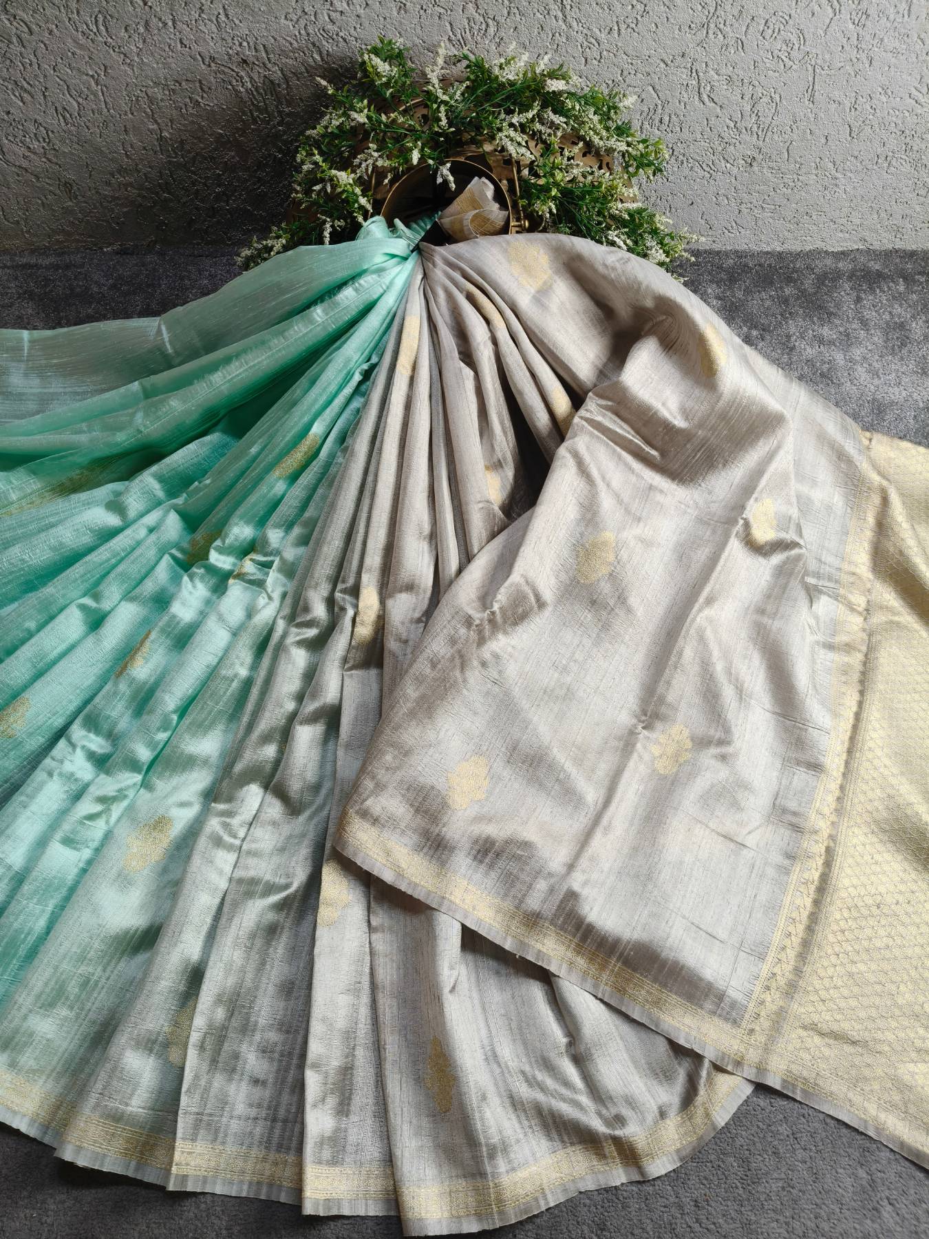 GREY AND SEA BLUE SHADED DUPION SILK PURE HANDLOOM BANARASI SAREE