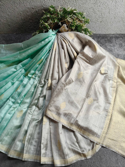 GREY AND SEA BLUE SHADED DUPION SILK PURE HANDLOOM BANARASI SAREE