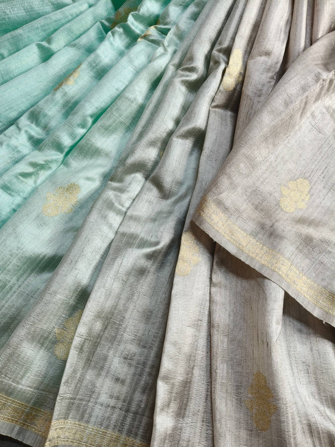 GREY AND SEA BLUE SHADED DUPION SILK PURE HANDLOOM BANARASI SAREE