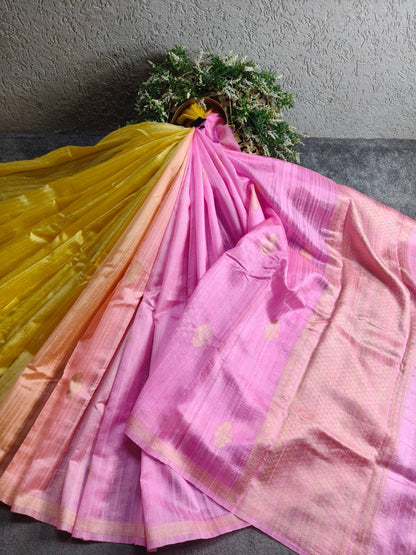 PINK PEACH YELLOW SHADED DUPION SILK PURE HANDLOOM BANARASI SAREE