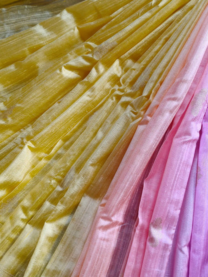PINK PEACH YELLOW SHADED DUPION SILK PURE HANDLOOM BANARASI SAREE