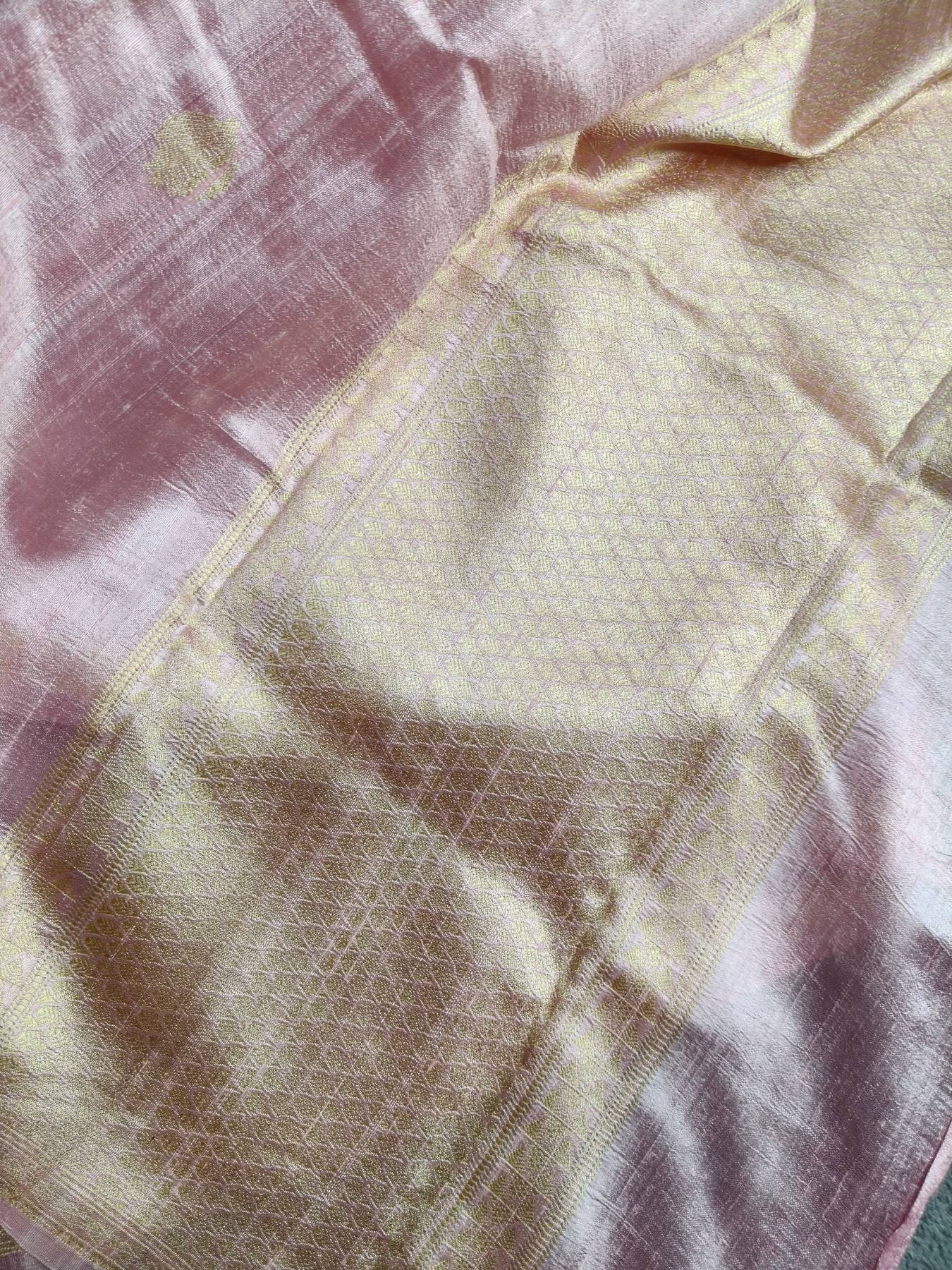 POWDER PINK GREY SHADED DUPION SILK PURE HANDLOOM BANARASI SAREE