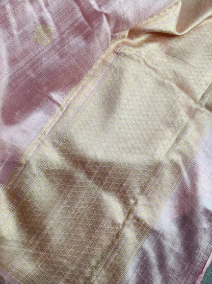 POWDER PINK GREY SHADED DUPION SILK PURE HANDLOOM BANARASI SAREE