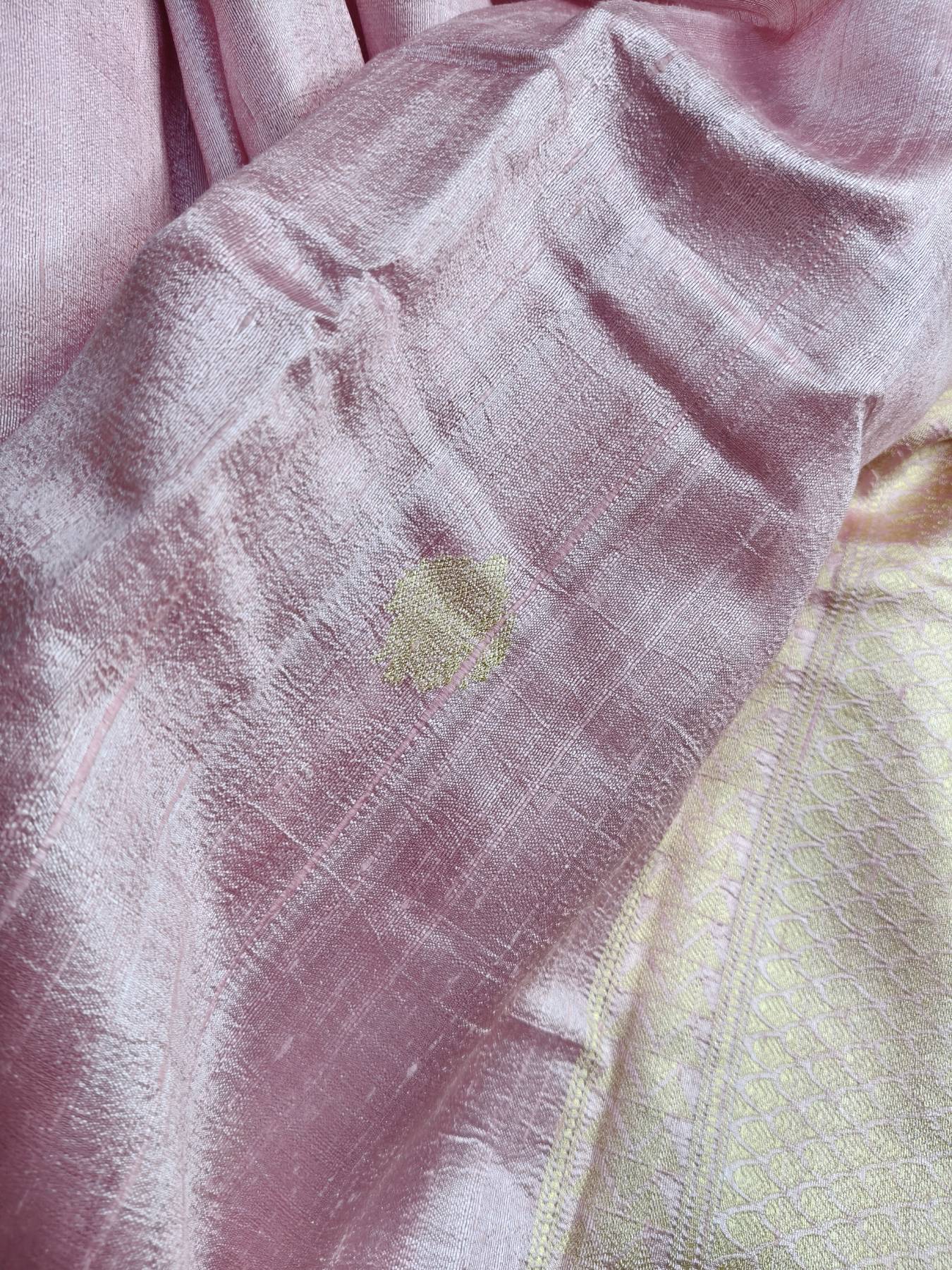 POWDER PINK GREY SHADED DUPION SILK PURE HANDLOOM BANARASI SAREE