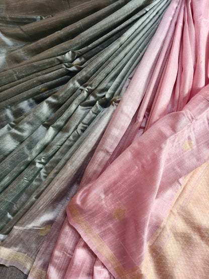 POWDER PINK GREY SHADED DUPION SILK PURE HANDLOOM BANARASI SAREE