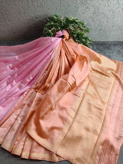 PEACH AND PINK SHADED DUPION SILK PURE HANDLOOM BANARASI SAREE