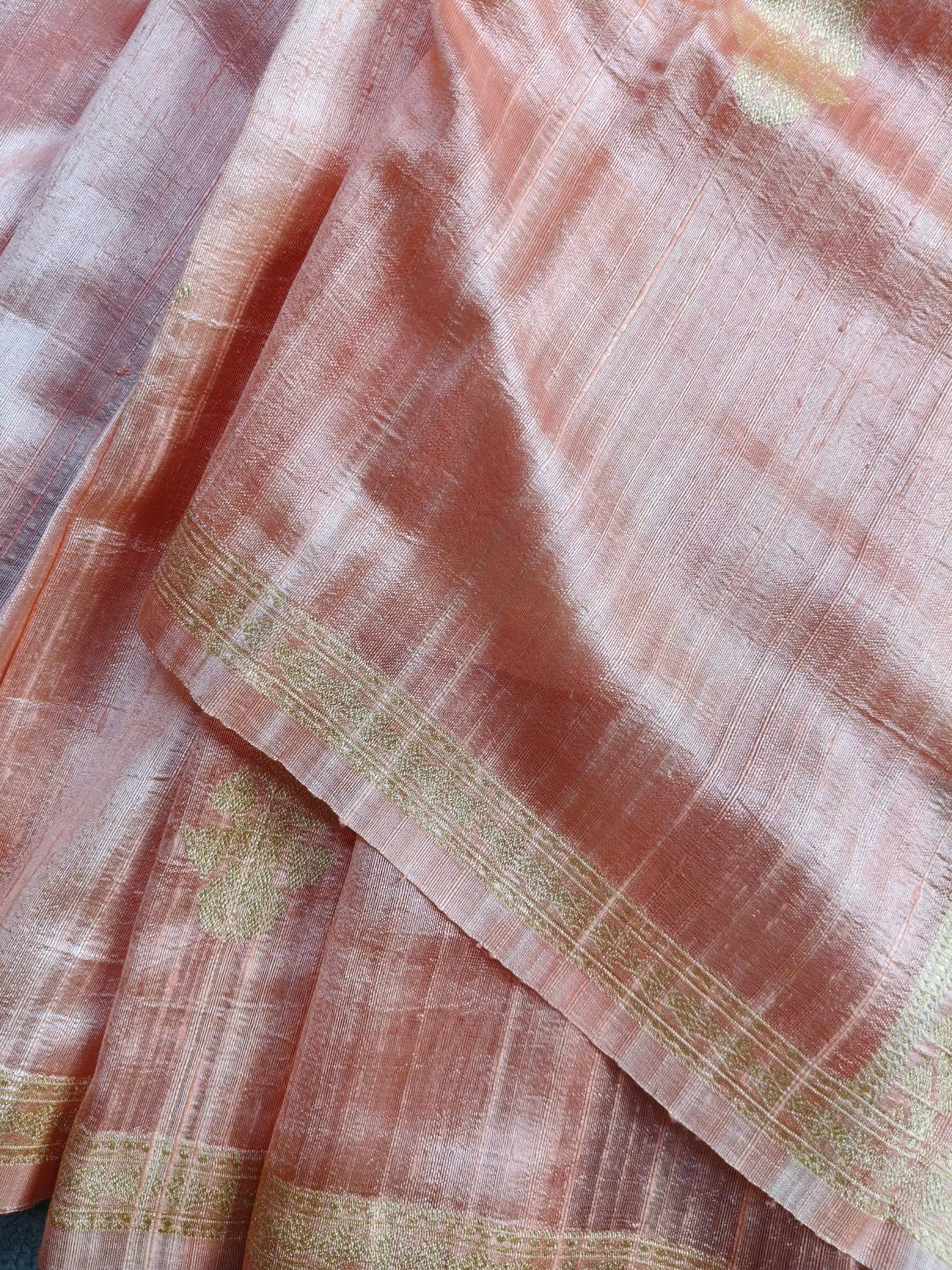 PEACH AND PINK SHADED DUPION SILK PURE HANDLOOM BANARASI SAREE