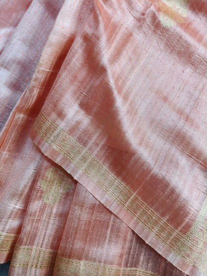 PEACH AND PINK SHADED DUPION SILK PURE HANDLOOM BANARASI SAREE