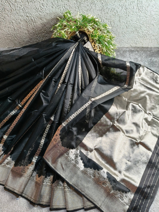 BLACK SILK PURE HANDLOOM CHANDERI SAREE
