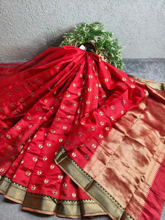RED SILK PURE HANDLOOM CHANDERI SAREE