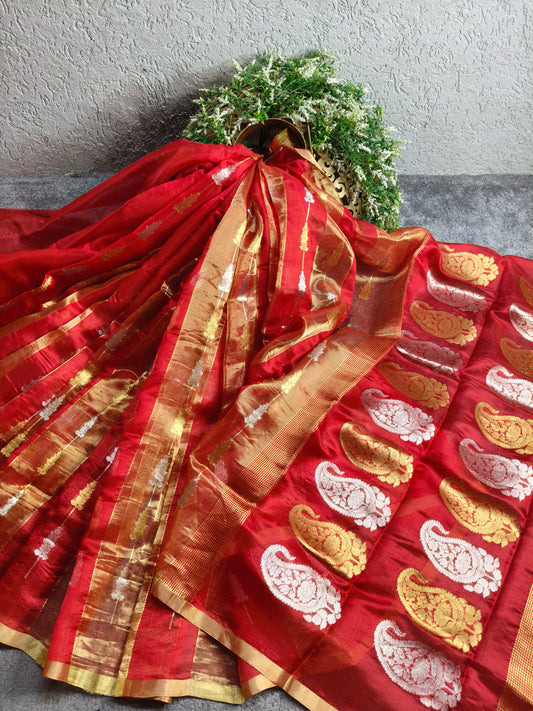 RED SILK PURE HANDLOOM CHANDERI SAREE