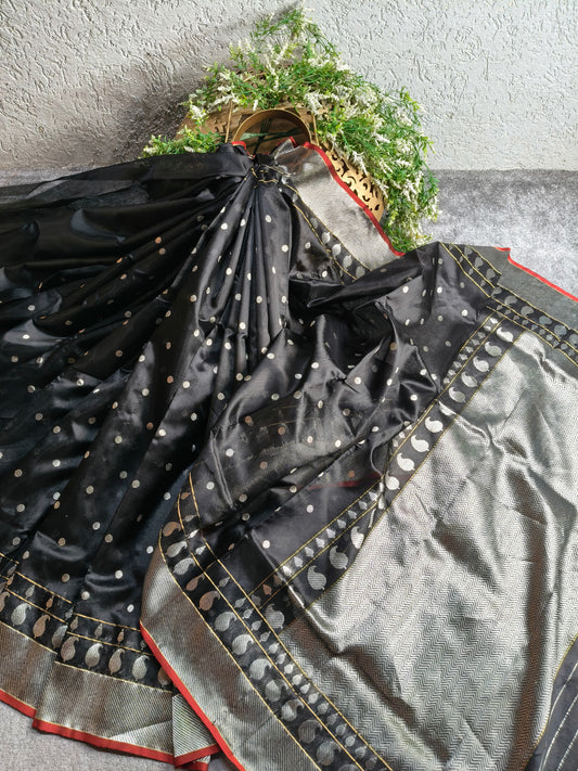BLACK SILK PURE HANDLOOM CHANDERI SAREE