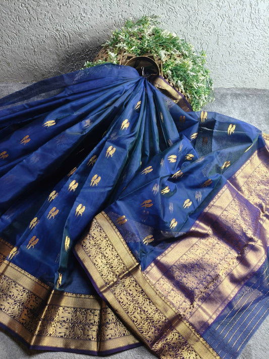 INDIGO BLUE KATAN SILK PURE HANDLOOM CHANDERI SAREE