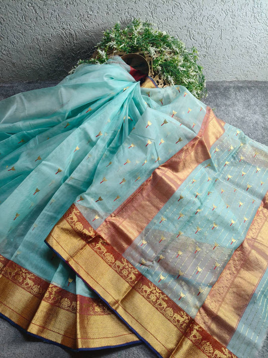SKY BLUE KATAN SILK PURE HANDLOOM CHANDERI SAREE