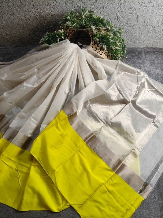 OFF WHITE PATTU SILK PURE HANDLOOM CHANDERI SAREE