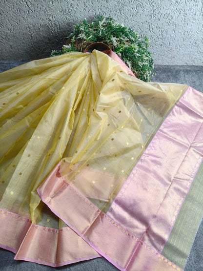 LIME YELLOW KATAN SILK PURE HANDLOOM CHANDERI SAREE