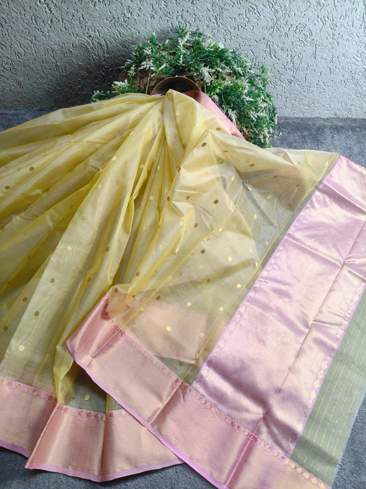 LIME YELLOW KATAN SILK PURE HANDLOOM CHANDERI SAREE