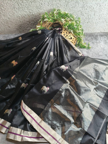 BLACK SILK PURE HANDLOOM CHANDERI SAREE