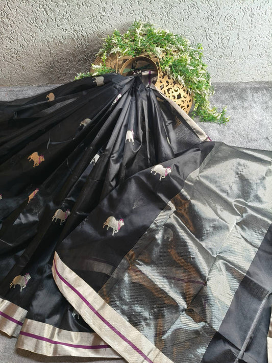 BLACK SILK PURE HANDLOOM CHANDERI SAREE