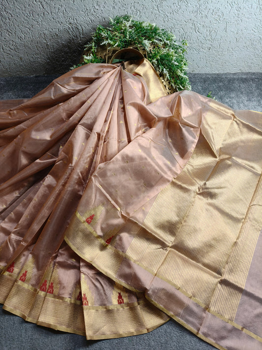 PEACH SILK PURE HANDLOOM EK NALIYA CHANDERI SAREE