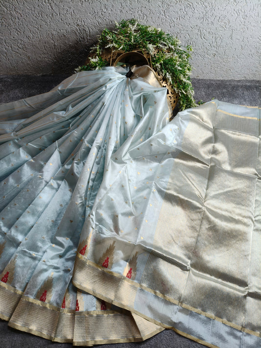 POWDER BLUE SILK PURE HANDLOOM 1 NALIYA CHANDERI SAREE