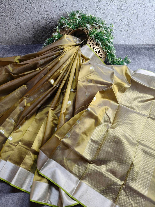 TWO TONE OLIVE GREEN SILK PURE HANDLOOM CHANDERI SAREE