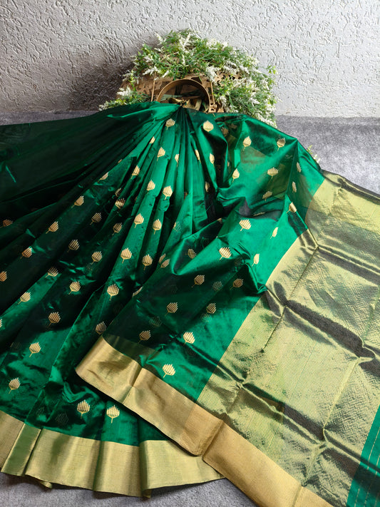 BOTTLE GREEN SILK PURE HANDLOOM EK NALIYA CHANDERI SAREE