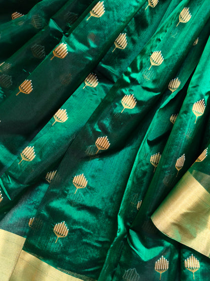 BOTTLE GREEN SILK PURE HANDLOOM EK NALIYA CHANDERI SAREE