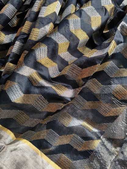 BLACK SILK PURE HANDLOOM CHANDERI SAREE