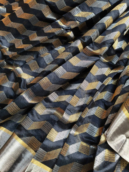BLACK SILK PURE HANDLOOM CHANDERI SAREE