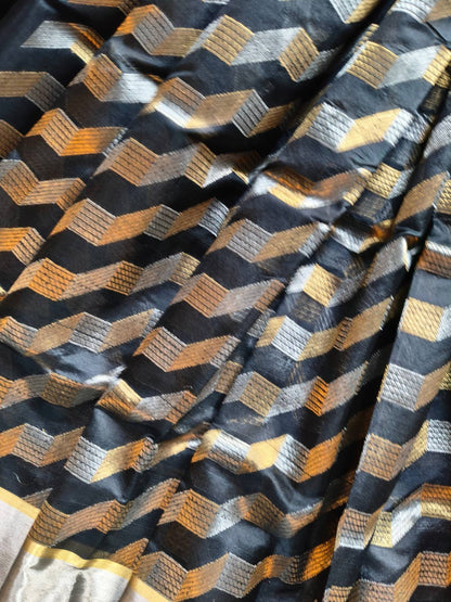 BLACK SILK PURE HANDLOOM CHANDERI SAREE
