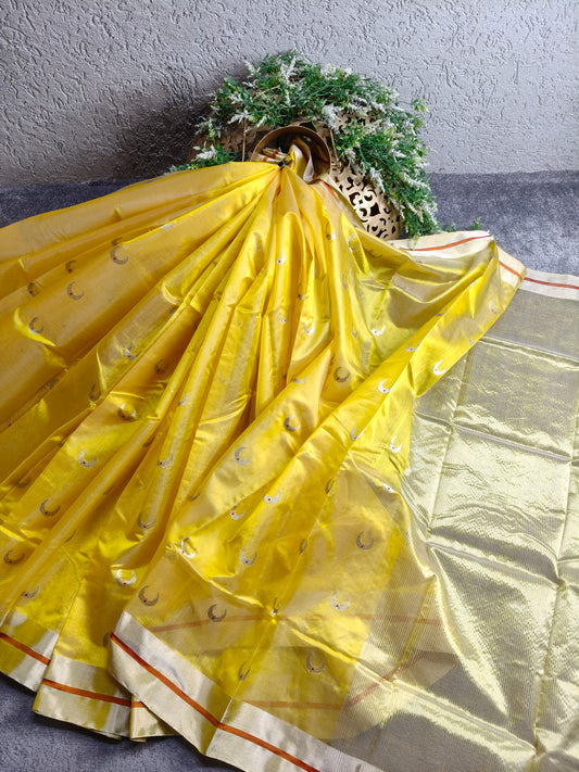 YELLOW SILK PURE HANDLOOM EK NALIYA CHANDERI SAREE