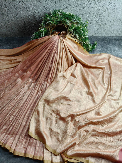 PEACH GOLD MOONGA CRUSH TISSUE PURE HANDLOOM BANARASI SAREE