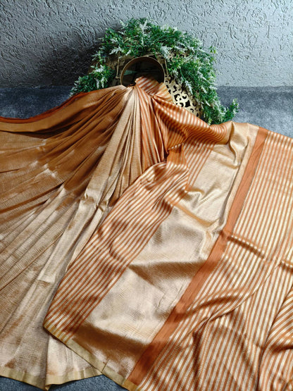 RUST GOLD MOONGA CRUSH TISSUE PURE HANDLOOM BANARASI SAREE