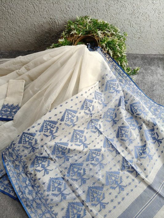 OFF WHITE COTTON (80 COUNT) PURE HANDLOOM DHAKAI JAMDANI SAREE