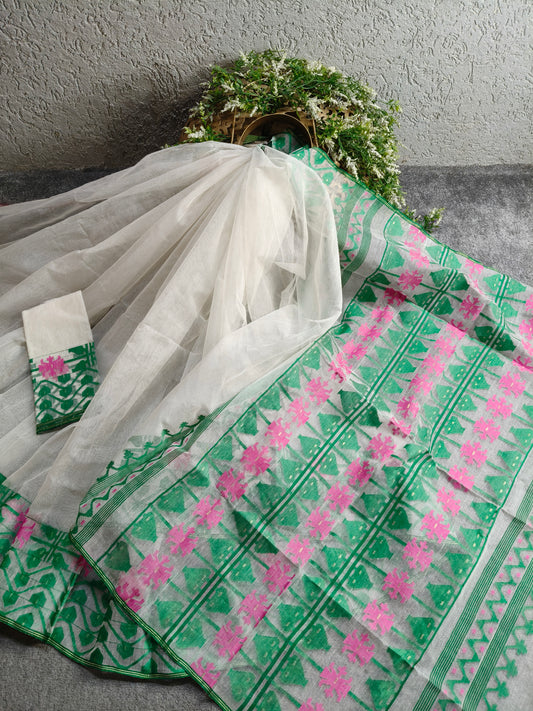 OFF WHITE COTTON (80 COUNT) PURE HANDLOOM DHAKAI JAMDANI SAREE