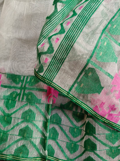 OFF WHITE COTTON (80 COUNT) PURE HANDLOOM DHAKAI JAMDANI SAREE