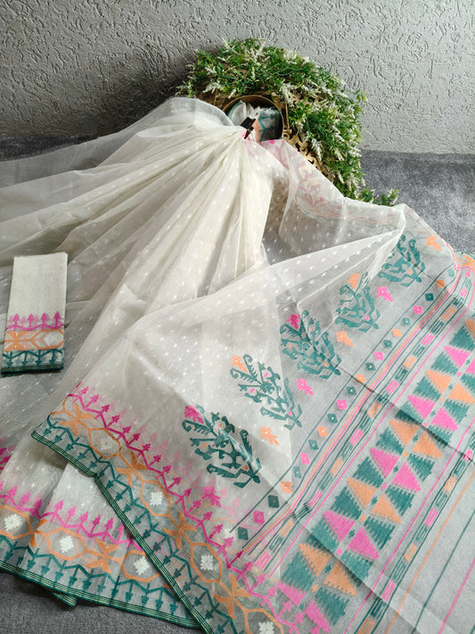 OFF WHITE COTTON (80 COUNT) PURE HANDLOOM DHAKAI JAMDANI SAREE