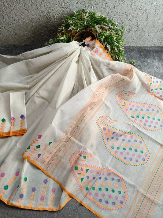OFF WHITE COTTON (80 COUNT) PURE HANDLOOM DHAKAI JAMDANI SAREE