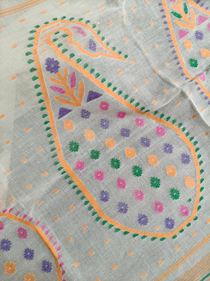 OFF WHITE COTTON (80 COUNT) PURE HANDLOOM DHAKAI JAMDANI SAREE