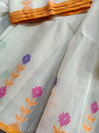 OFF WHITE COTTON (80 COUNT) PURE HANDLOOM DHAKAI JAMDANI SAREE