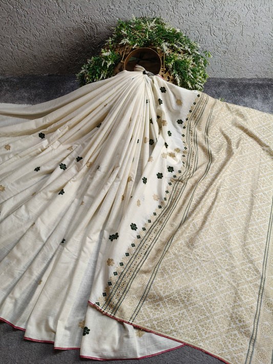 OFF WHITE ERI SILK PURE HANDLOOM ASSAMES SAREE