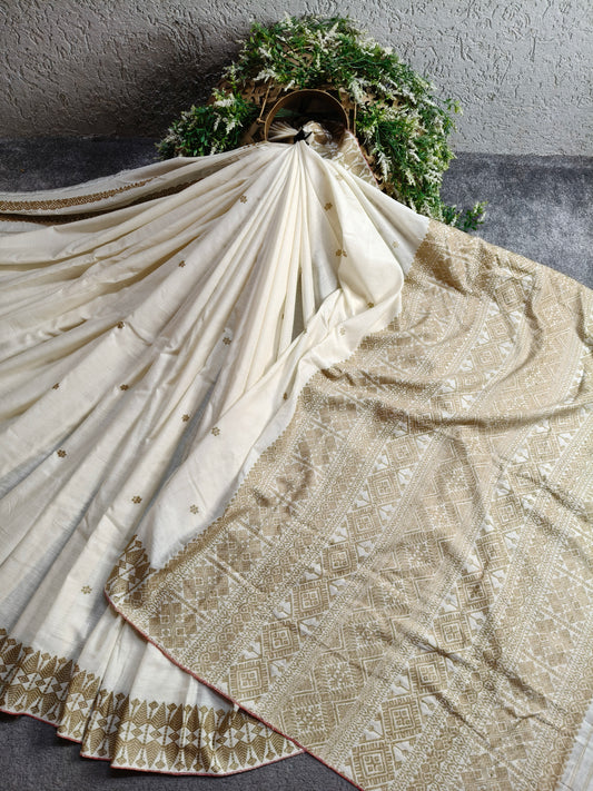 OFF WHITE ERI SILK PURE HANDLOOM ASSAMES SAREE