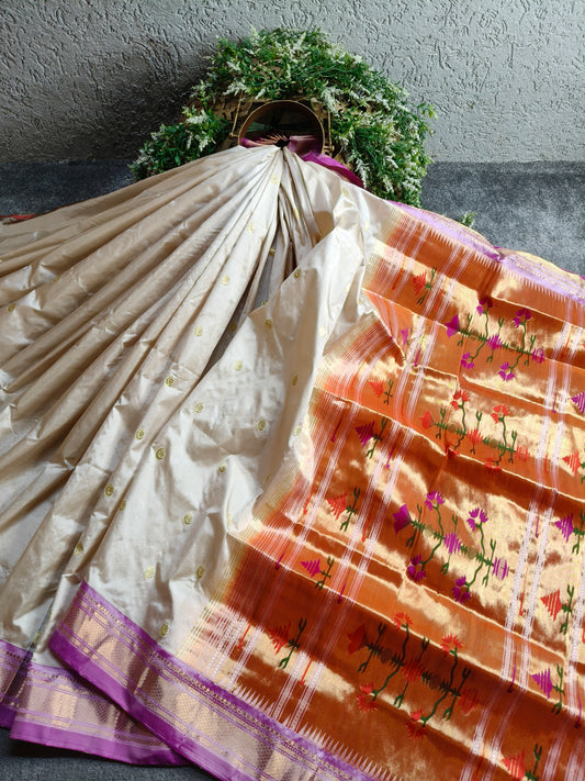 IVORY SILK PURE HANDLOOM PAITHANI SAREE