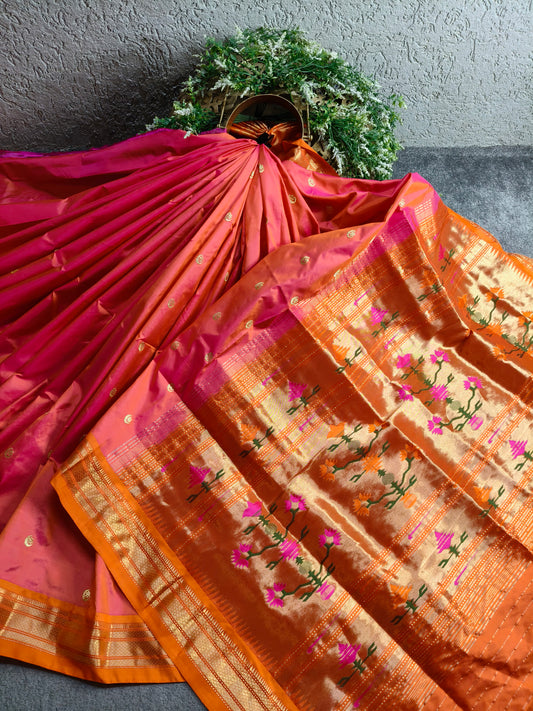 PEACH PINK SILK PURE HANDLOOM PAITHANI SAREE