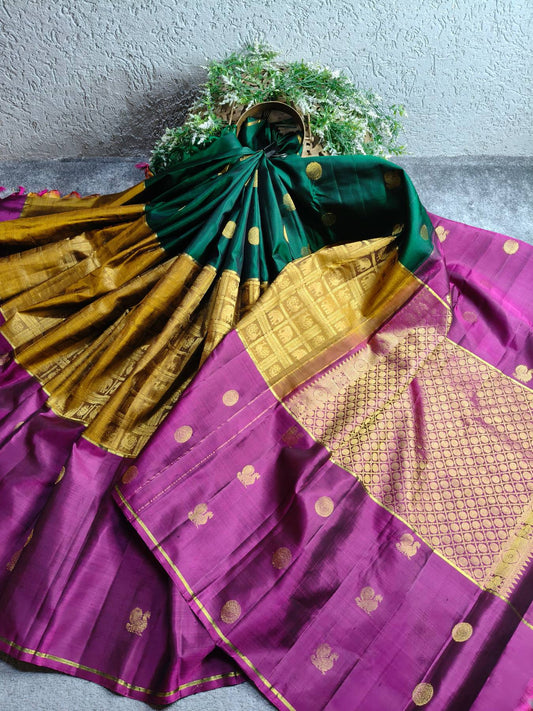 MAJENTA PINK MUSTARD GREEN SILK PURE HANDLOOM KANJIVARAM MUBBAGAM  SAREE