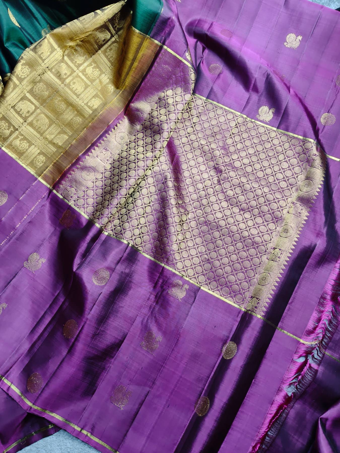 MAJENTA PINK MUSTARD GREEN SILK PURE HANDLOOM KANJIVARAM MUBBAGAM  SAREE